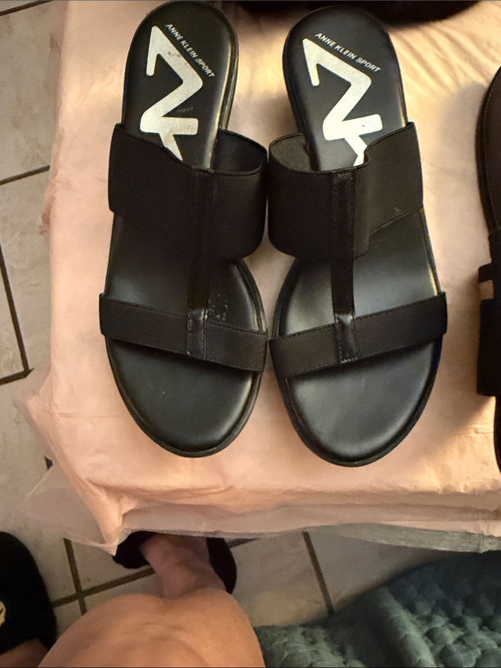 Anne Klein Sport Black Double-Strap Slide Sandals